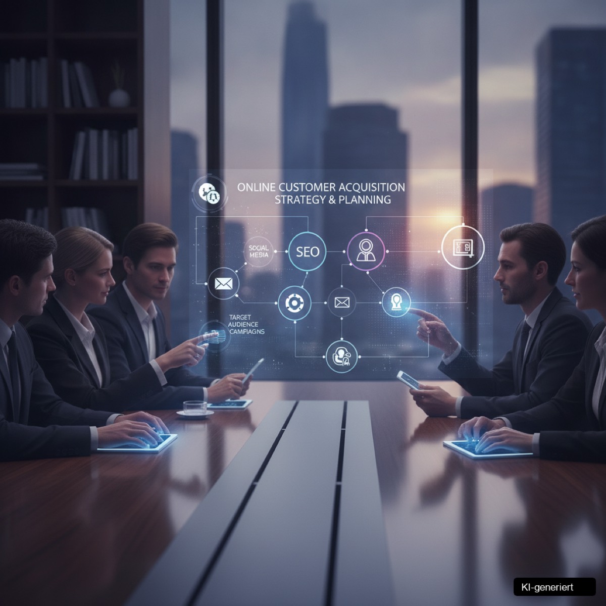 Ein Unternehmer plant seine Online-Marketing Strategie Betrieb auf einem Tablet mit Diagrammen und Notizen.
