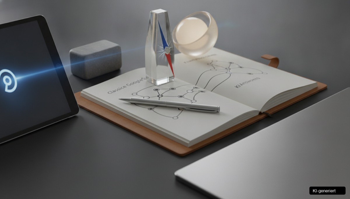 Grafik, die die Verbindung zwischen traditionellem SEO und Sichtbarkeit Google KI für KMU Digital darstellt.
